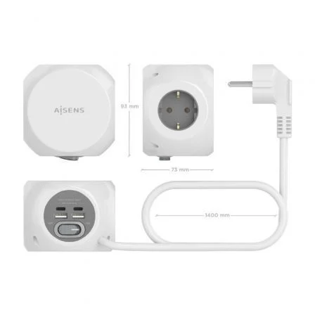 Aisens Regleta de Sobremesa Multifunción ASPS-2A2C04-W con 3 Tomas y 4 USB, Blanco